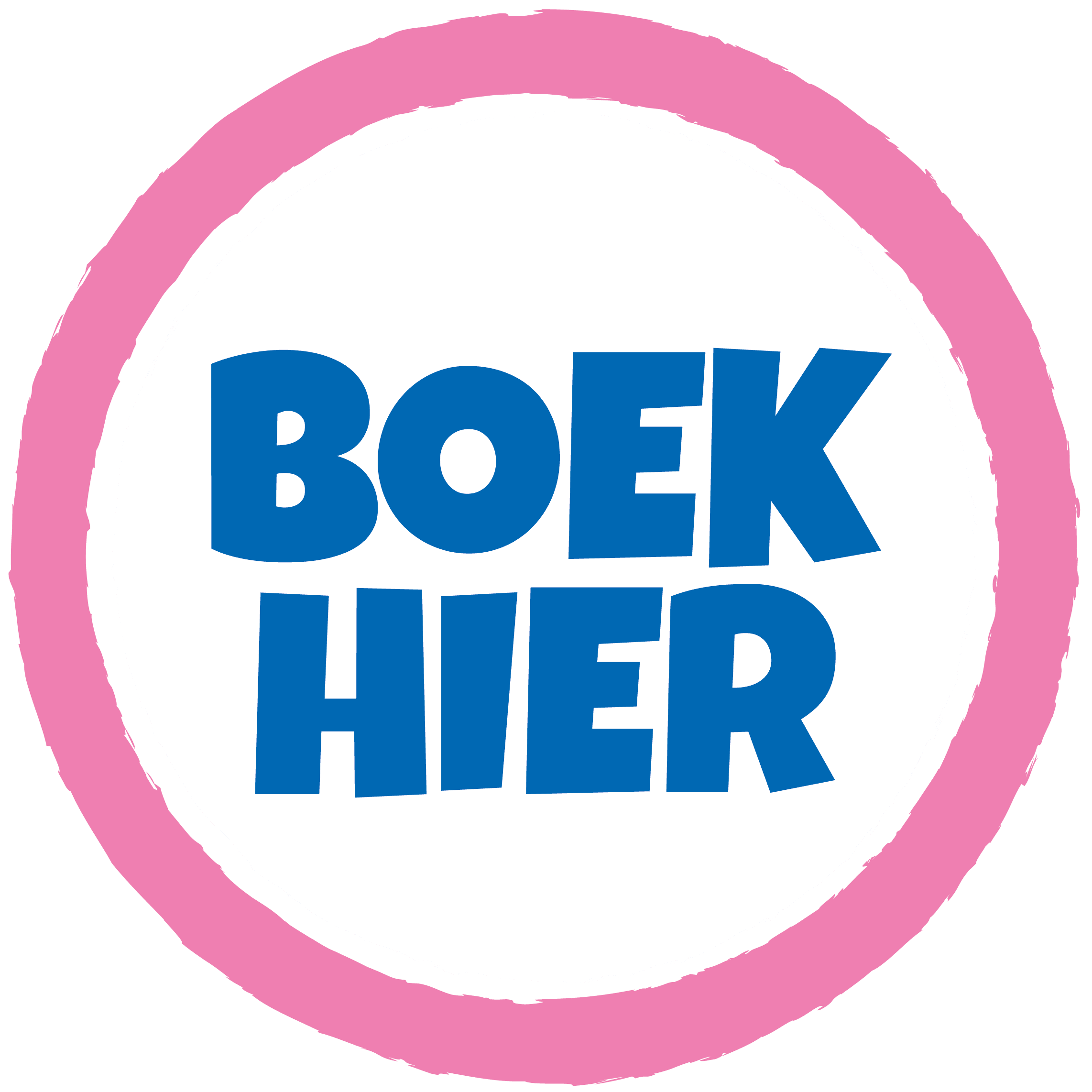 Een witte cirkel met een roze rand. In de cirkel staat de tekst 'boek hier'
