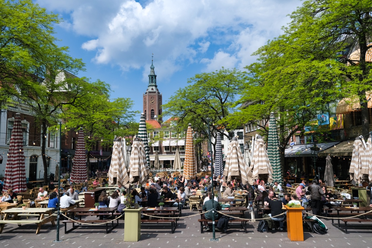Gezellig terras met parasols en bomen in Den Haag.